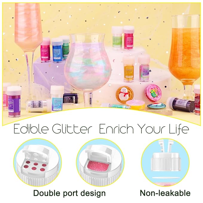 Edible Glitter - 15 Popular Colors Edible Glitter for Cocktails, Food Grade Luster Dust, Iridescent