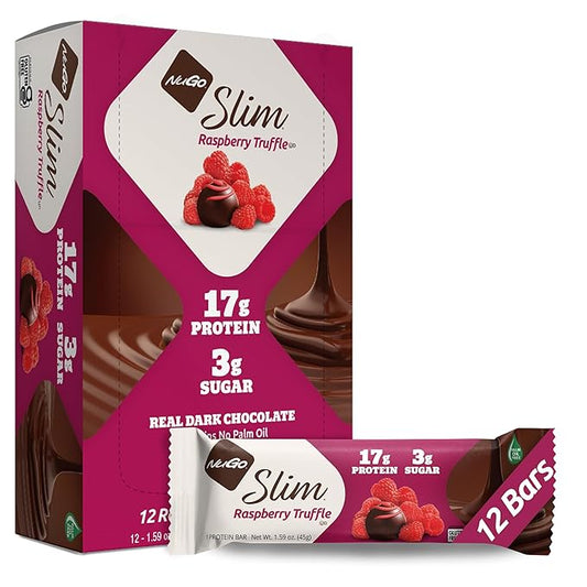 NuGo Slim Dark Chocolate Raspberry Truffle, 17g Protein Bar, Gluten Free, Non-GMO, Kosher, Keto
