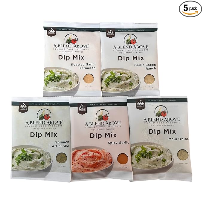 A Blend Above Best Sellers Dip Mix 5 Pack Includes Roasted Garlic Parmesan, Maui Onion, Garlic
