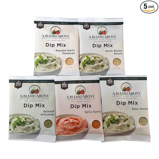 A Blend Above Best Sellers Dip Mix 5 Pack Includes Roasted Garlic Parmesan, Maui Onion, Garlic