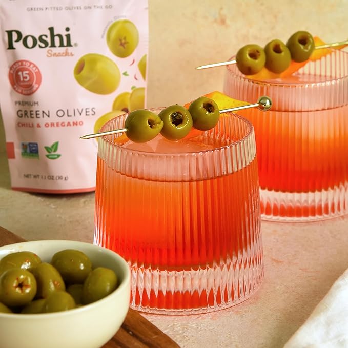 Poshi Natural Whole Pitted Olives | 24 Pack Variety | Basil & Garlic, Chili & Oregano, Chili +