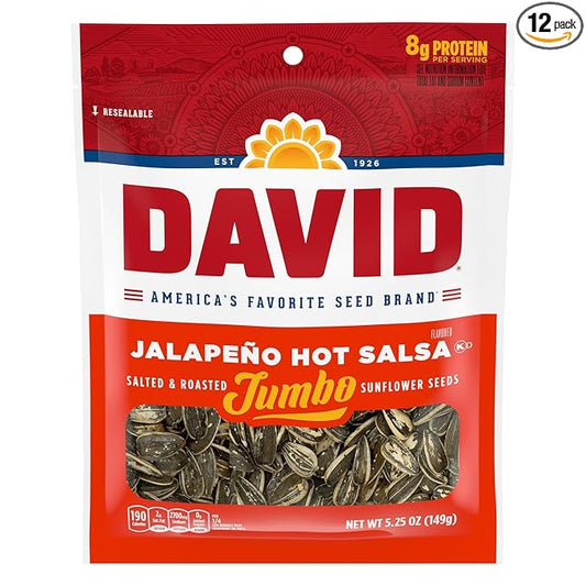 DAVID SEEDS Roasted and Salted Jalapeño Hot Salsa Jumbo Sunflower Seeds, Keto Friendly, 5.25 oz, 12