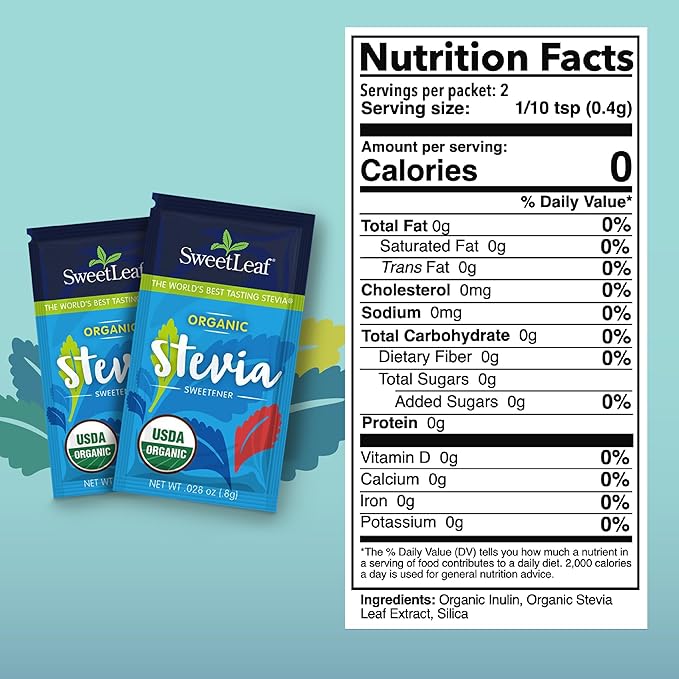 SweetLeaf Organic Stevia Packets - Zero Calorie Stevia Powder, No Bitter Aftertaste, Sugar