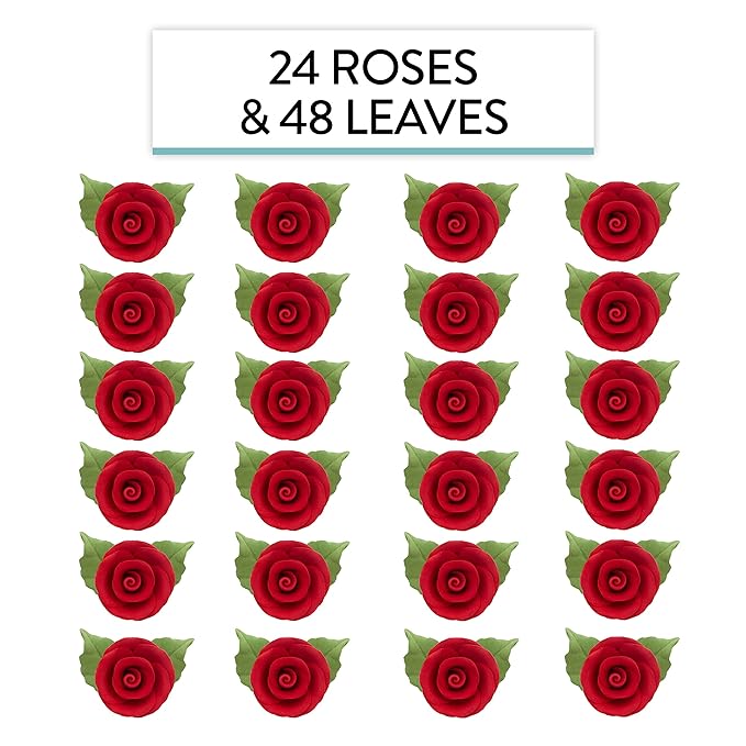 Global Sugar Art Premium Wedding & Party Edible Rose Cake & Cupcake Sugar Flowers, Red, 24 Count