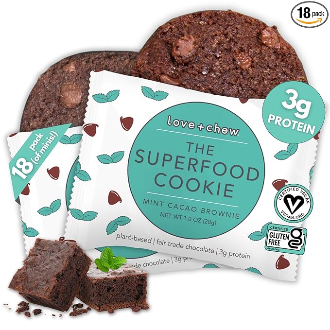 Love + Chew, Mint Cacao Brownie Minis - 18 Count - Tasty Gluten Free Cookies - Vegan - Healthy