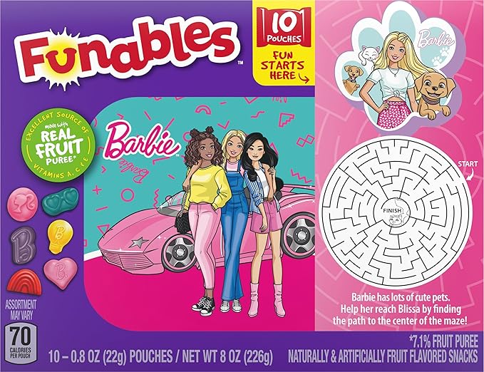 Funables Fruit Snacks, Barbie Shaped Fruit Flavored Snacks, 0.8 Ounce Pouches (Pack of 10)