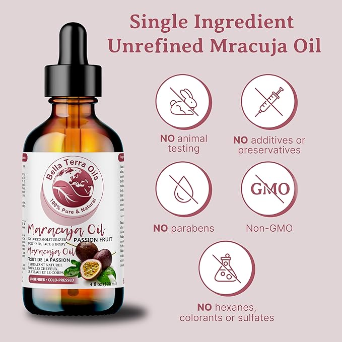 Bella Terra Oils - Maracuja Seed Oil 16oz - Cold-Pressed Purity from Passion Fruit Seeds, Infused