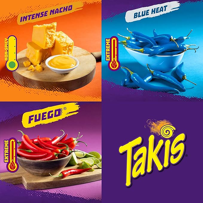 Takis 40 pc / 1oz Hero Variety Pack - Fuego, Blue Heat & Intense Nacho Flavored Rolled Tortilla
