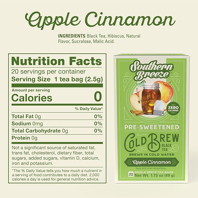 Southern Breeze Cold Brew Sweet Tea Apple Cinnamon Iced Tea with Black Tea and Zero Carbs Zero