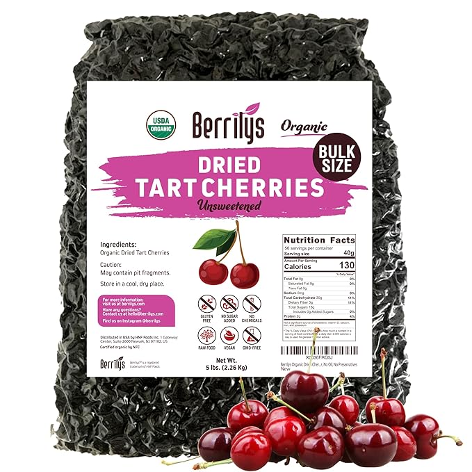 Berrilys Organic Unsweetened Pitted Dried Tart Cherries (5 lb) - No Sugar Added, Perfect for