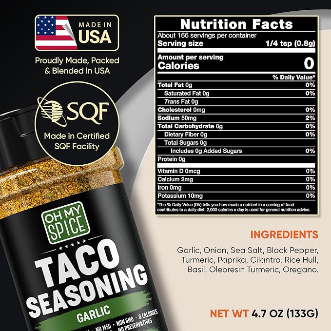 Taco Seasoning Mix Garlic Powder - Gluten Free & Low Sodium Mexican Seasoning Blend for Taco