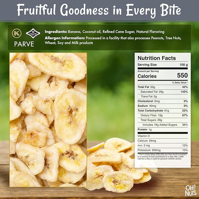 Oh! Nuts Dried Banana Chips - 3 lb - Dried Fruit Slices - Light Sugar Added - Dehydrated Fruit