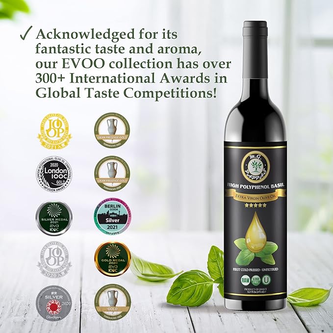 M.G. PAPPAS High Polyphenol Rich Basil Infused Olive Oil - Extra Virgin Olive Oil - Over 500mg/kg