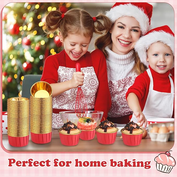 300 Pack Red Gold Cupcake Cups Bulk Disposable Foil Muffin Liners 3.5 oz Wrappers for Baking