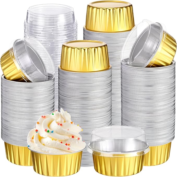 Gejoy 400 Pcs Aluminum Foil Baking Cups with Lids 5 oz Disposable Ramekins Mini Cake Pans Creme