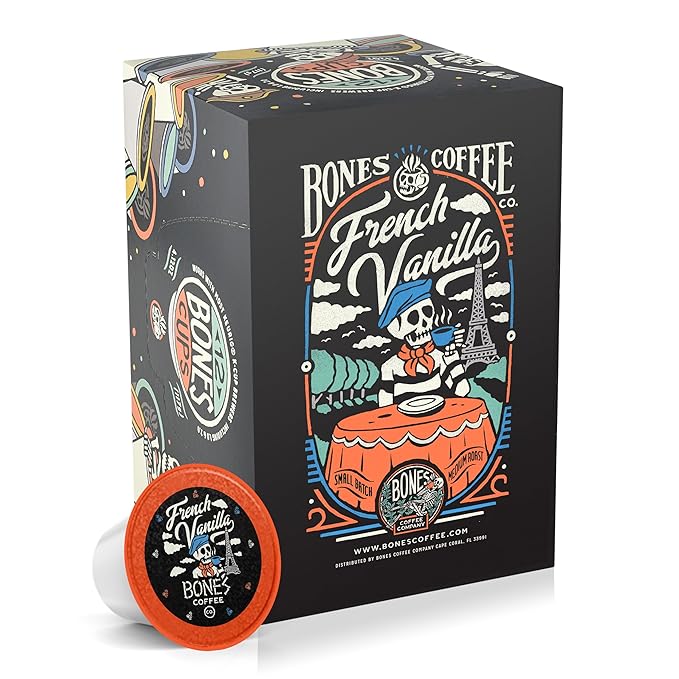 Bones Coffee Company Flavored Coffee Bones Cups French Vanilla Flavored Pods | 12ct Single-Serve
