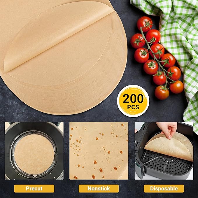 Beasea Air Fryer Round Liners 12 Inch, 200pcs Air Fryer Parchment Paper Unbleached Disposable Fryer