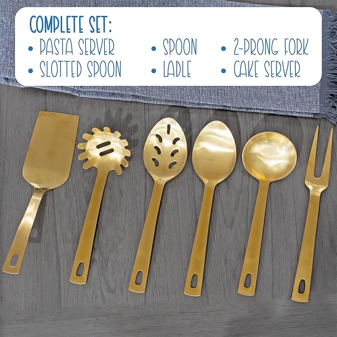 Darware Complete Serving Spoon & Utensil Set (6-Piece Set, Gold); w/Pasta Server, Fork, Spoon