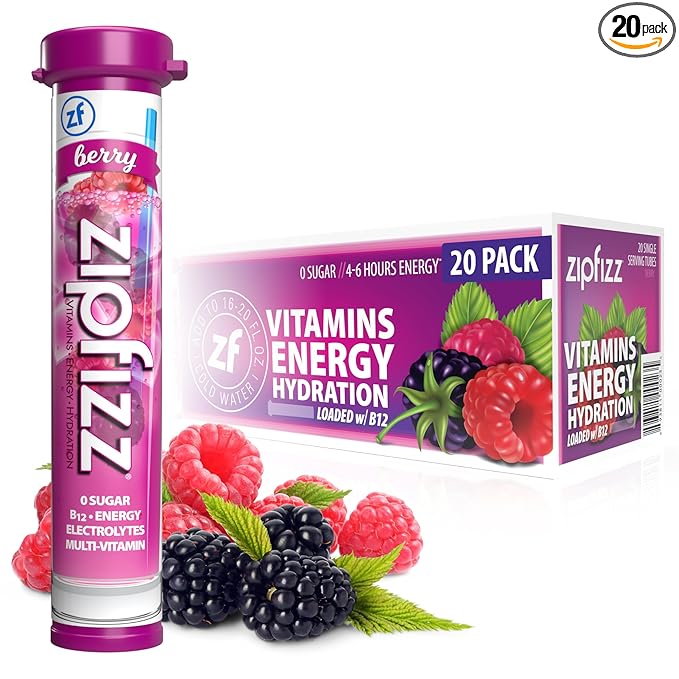 Zipfizz Daily Energy Drink Powder, Berry, 20 Pack | 3-in-1 Sustained Energy, Rapid Hydration, and