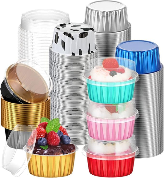 120 Pcs Aluminum Foil Baking Cups Mini Cake Pans with Lids 5 oz Cupcake Liners Disposable Muffin