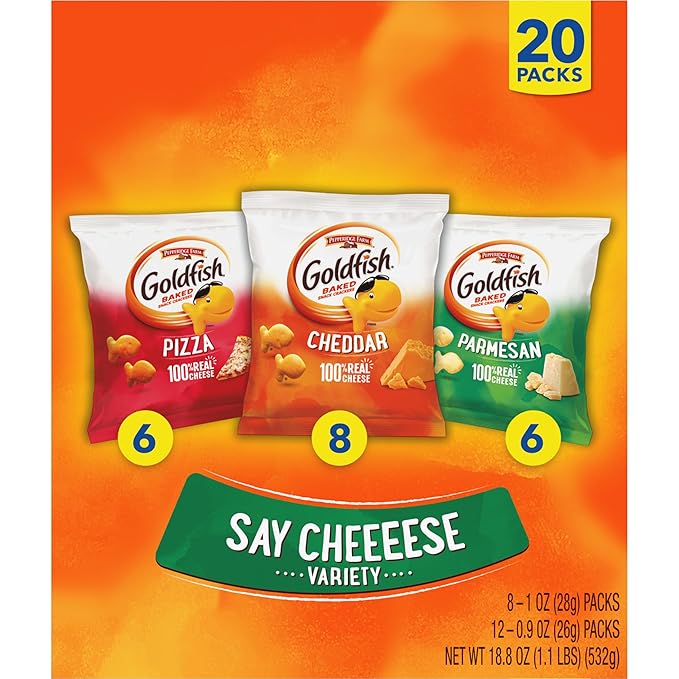Goldfish Crackers Say Cheeeese Variety Pack with Cheddar, Pizza and Parmesan, Snack Packs, 20 Ct