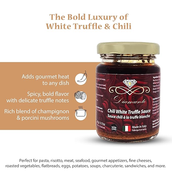 Diamante Italy Chili Truffle Sauce with White Truffles - Hot Sauce for All Cuisines - Authentic