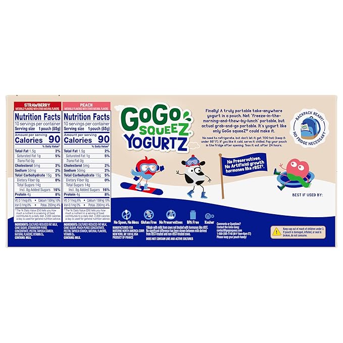 GoGo squeeZ YogurtZ Variety Pack, Strawberry & Peach, 3 oz (Pack of 20), Kids Snacks Made with Real
