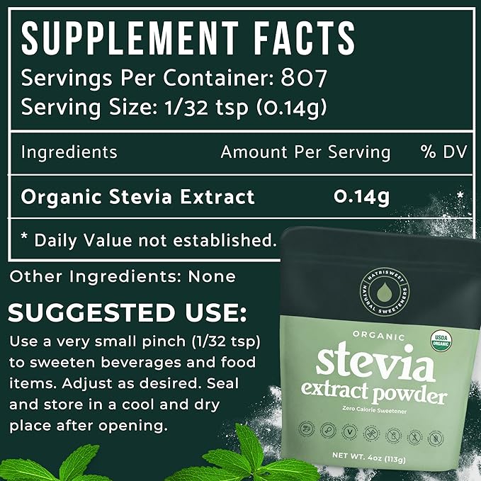 Organic 100% Pure Stevia Powder, 4 oz, Satisfies Sweet Cravings, Lowers Blood Sugar Levels for