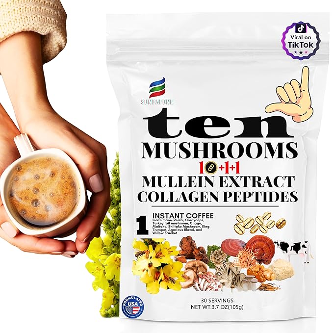 SUNDAFONE Mushroom Coffee with Grass-Fed Collagen, Mullein,Lion's Mane, Reishi and 10 Adaptogenic