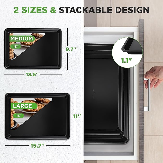 NutriChef 2-Piece Black Non-Stick Cookie Sheet Baking Tray Set - Versatile & Durable Carbon Steel