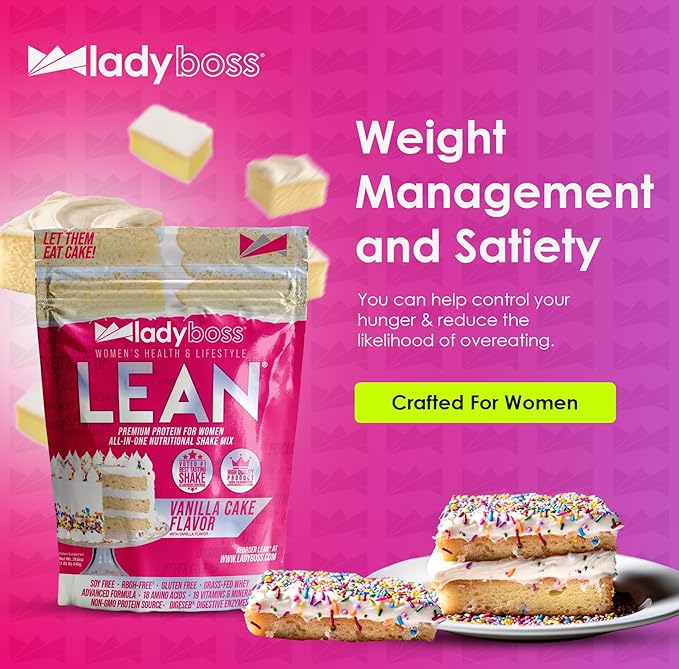 LadyBoss Lean Protein Shake Vanilla Cake Flavor - Meal Replacement & Craving Support with Grass-Fed