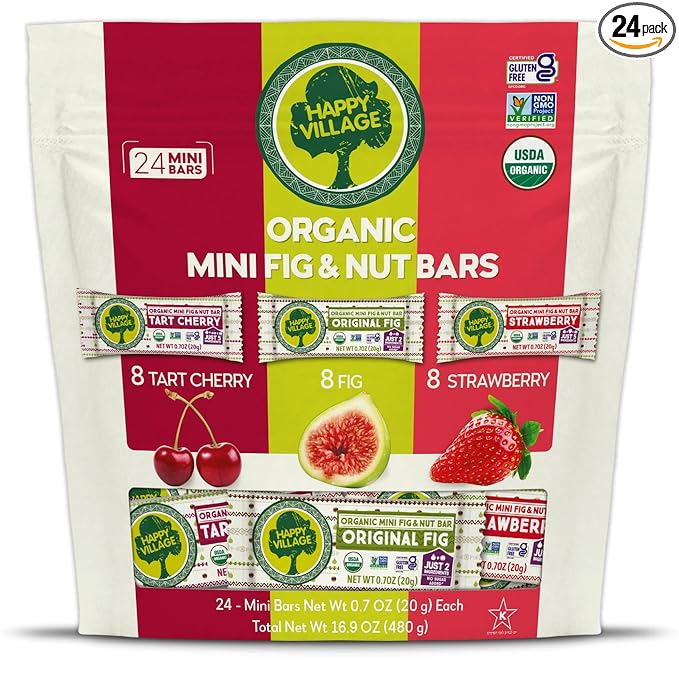 Happy Village Organic Mini Fig & Nut Bars, VARIETY (24 Packs, 0.7 OZ each), No Refined Sugar