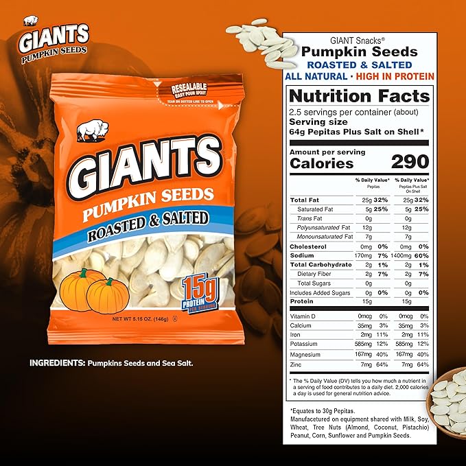 GIANTS Pumpkin Seeds - Pumpkin Seeds in Shell, Roasted and Salted, Whole with Shell, High Protein
