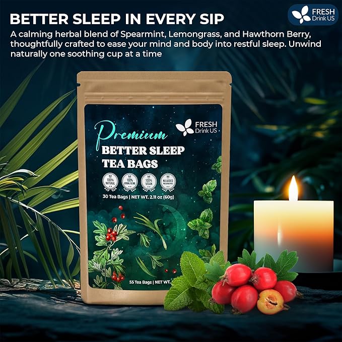 FreshDrinkUS, Premium 55 Tea Bags Better Sleep Herbal Tea | Caffeine-Free Loose Leaf Blend with
