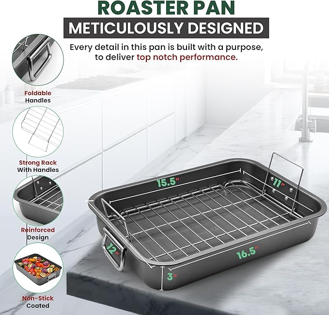 Large Roasting Pan With Rack 12” X 16” - Non Stick Large Roaster Pan and Flat Rack With Foldable