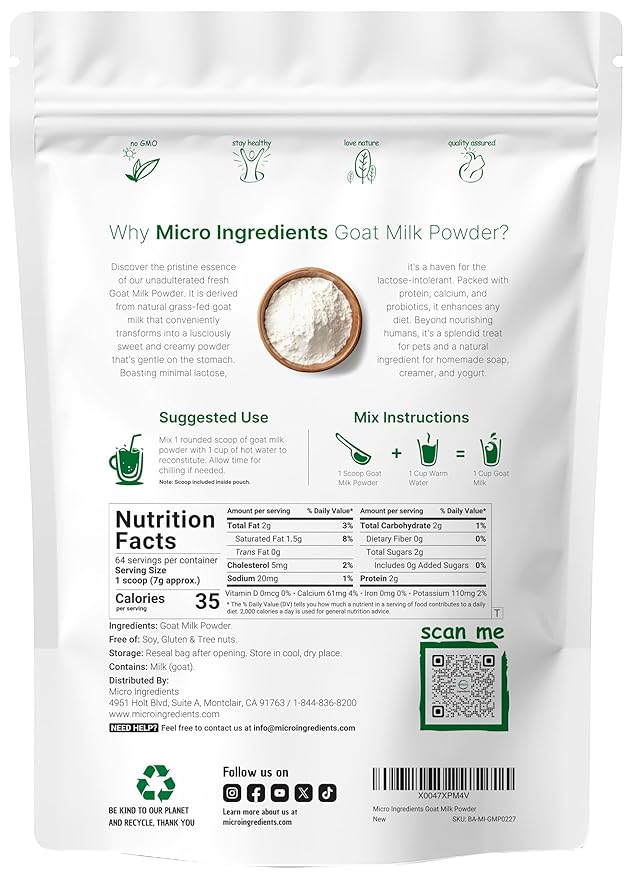 Micro Ingredients Goat Milk Powder, 1 Lb | Grass-Fed Australian Source | Pure, Easily Digested