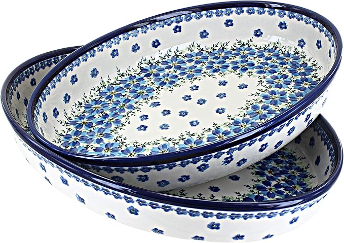 Blue Rose Polish Pottery - Blue Kalina Oval Baker Set - 2 Bakers - Unique, Dishwasher Safe, &