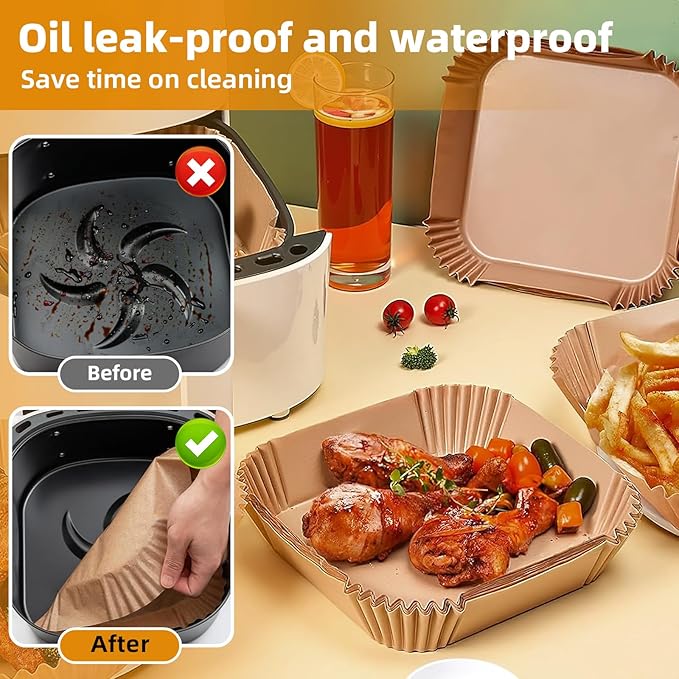 Air Fryer Paper Liners for 6-8 Qt Airfryer, 200pcs 7.9 x 7.9 inch XL Square Disposable Parchment