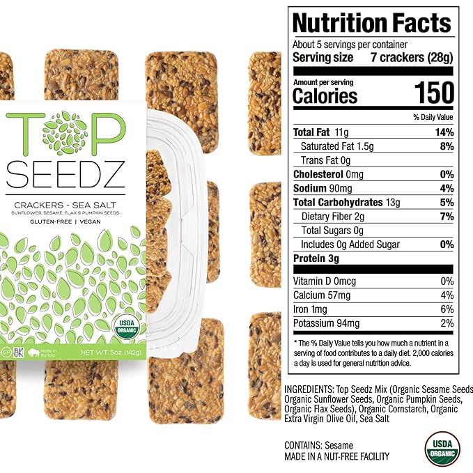 Top Seedz Certified Organic Gluten Free Savory Sensation Seed Crackers | 6-Pack | 5 Ounces |