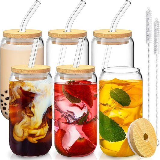 16 Oz Drinking Glasses with Bamboo Lids and Glass Straw - 6 Pcs Glass Cups Beer Ice Coffee Glasses