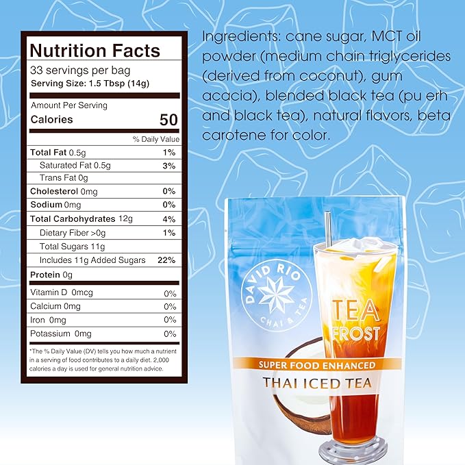 David Rio Thai Iced Tea Mix, 16.2 Oz, Black & Pu Erh Tea, Enhanced with Beta Carotene and MCT Oil