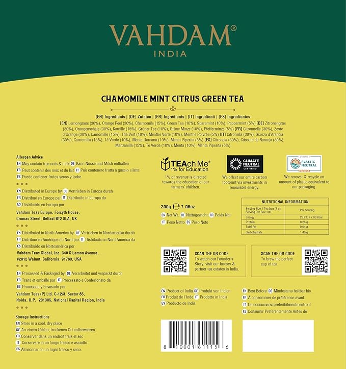 VAHDAM, Chamomile Mint Citrus Green Tea Bags (100 Count) Low Caffeine, Non GMO, Gluten Free | Sweet