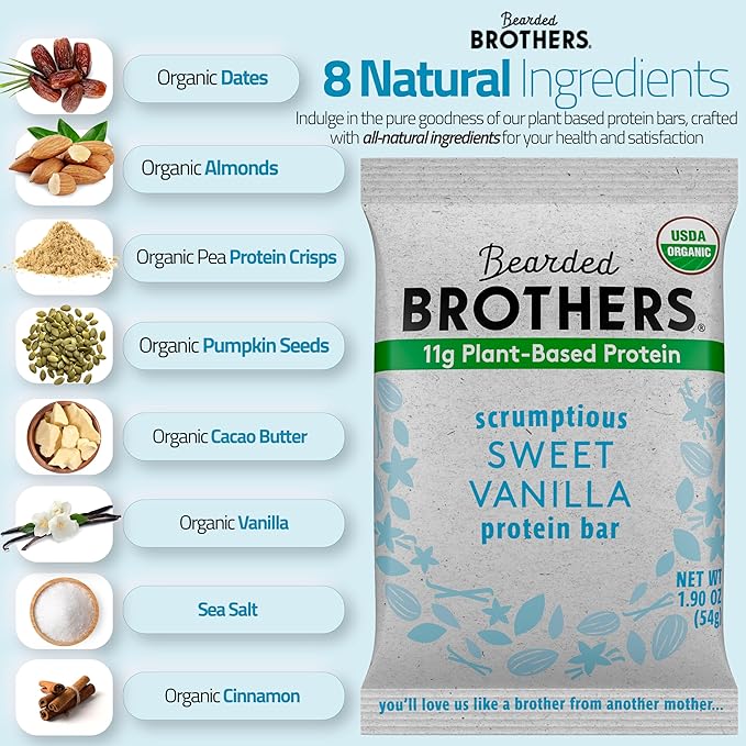 Bearded Brothers Organic Protein Bars, Vanilla (10 Pack) - 11g of Plant Based Protein Gluten Free