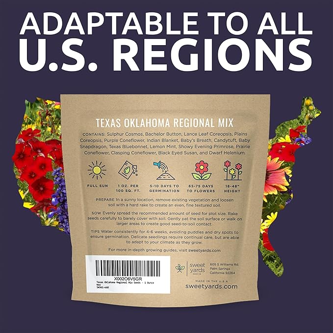Texas Oklahoma Wildflower Seeds Mixture - Bulk 1 Ounce Packet - Over 15,000 Native Seeds - Open