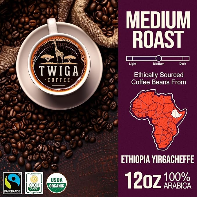 Twiga Coffee Ethiopian Coffee Beans - Ethiopian Yirgacheffe Whole Bean, Organic Medium Roast