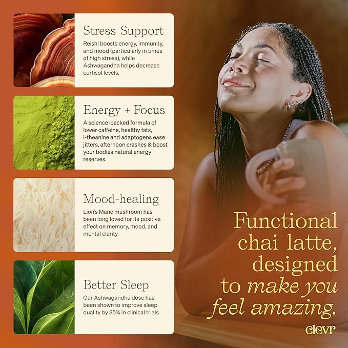 Clevr Blends Chai Tea Latte, Instant Superfood Powder Blend with Oat Milk, Lions Mane, Reishi