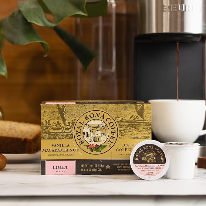 Royal Kona Vanilla Macadamia Flavored, 10% Kona Coffee Blend, Light-Roast Single-Serve Coffee Pods