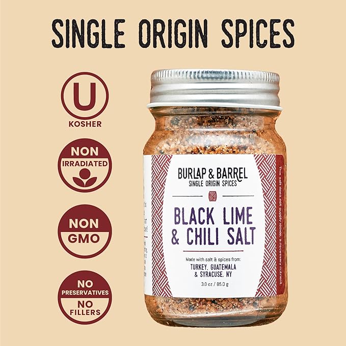 Burlap & Barrel Black Lime & Chili Salt - Savory, Tart, Mildly Spicy - Seasoning Salt for Seafood