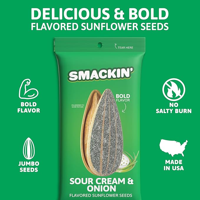 SMACKIN' Sunflower Seeds, Roasted Jumbo Small-Batch, American Made - Sour Cream & Onion, 1.5oz bags