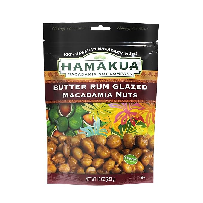 Hamakua Macadamia Nuts - Sweet Glazed Butter Rum - Hawaiian Grown Flavored Dry Roasted Half and
